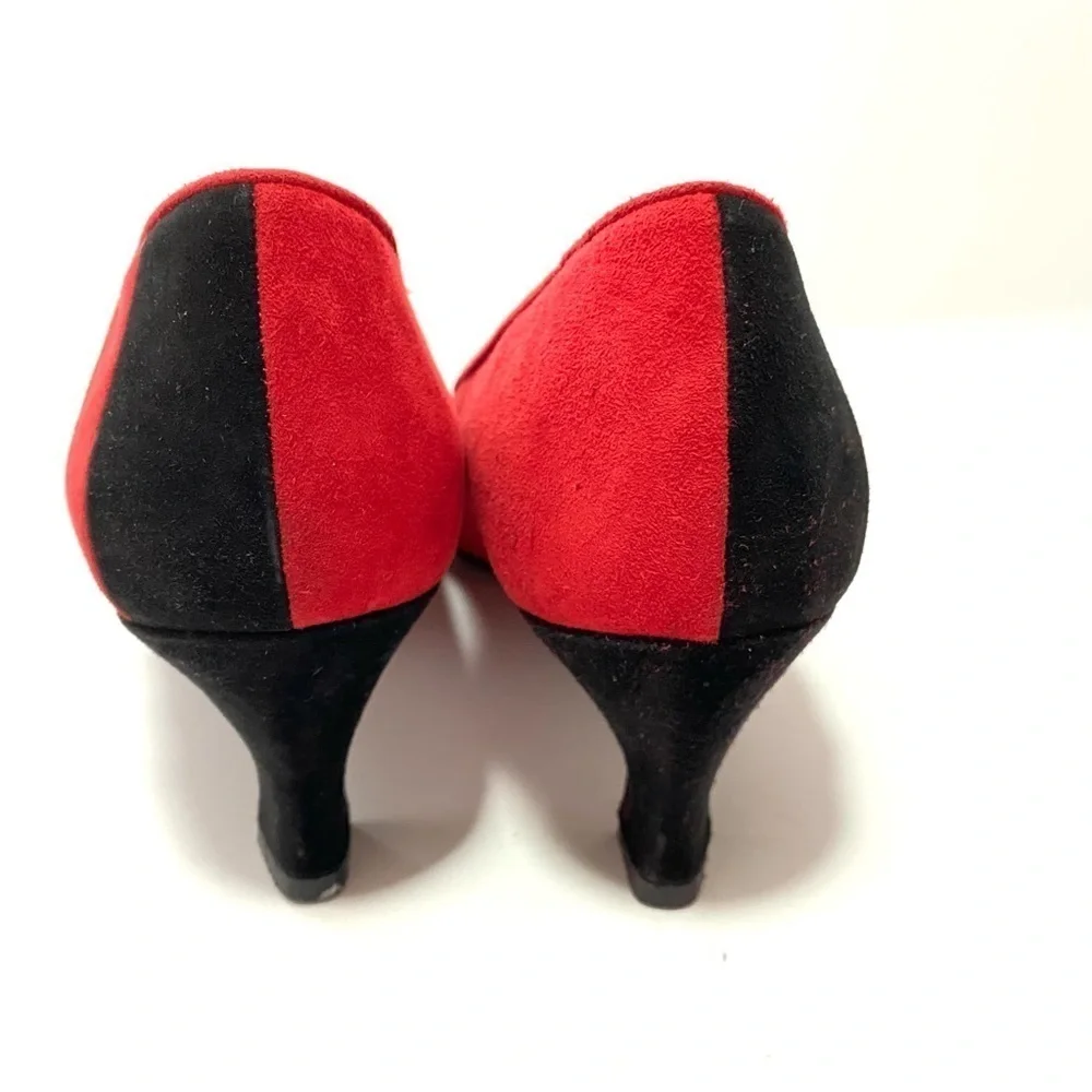 Vintage Bruno Magli Italian Black Red Suede Kitten Heel Pumps Shoes Size 7AA Y2K